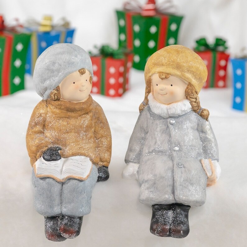 Set of 2 Christmas Sitting Kids with Books