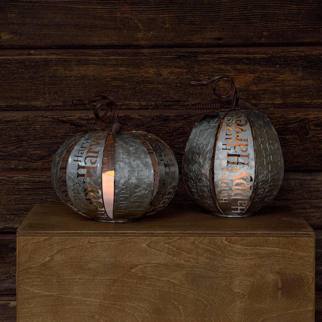 Harvest Time Set of 2 Lighted Metal Pumpkins