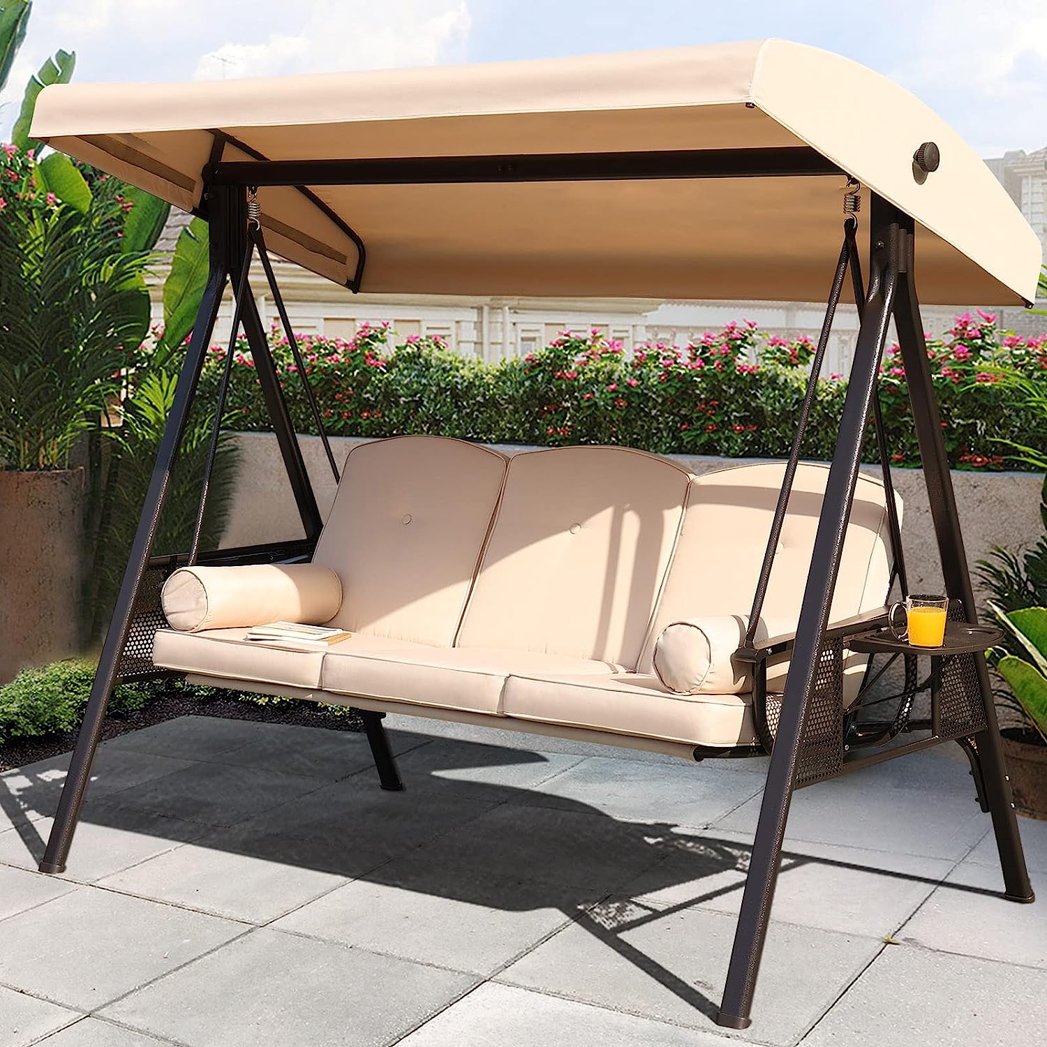 NOBLEMOOD Outdoor Porch Swing with Stand and Canopy, 3 Seat Freestanding Metal Porch Swing Bed with Cushions and Cup Trays for Backyard Outside Deck Lawn (Wine Red)