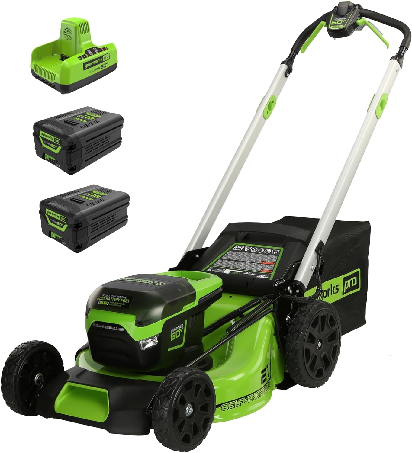 Greenworks 60V 21�� Cordless (Self-Propelled) Lawn Mower , 2 x 4.0Ah Batteries and Dual Port Rapid Charger