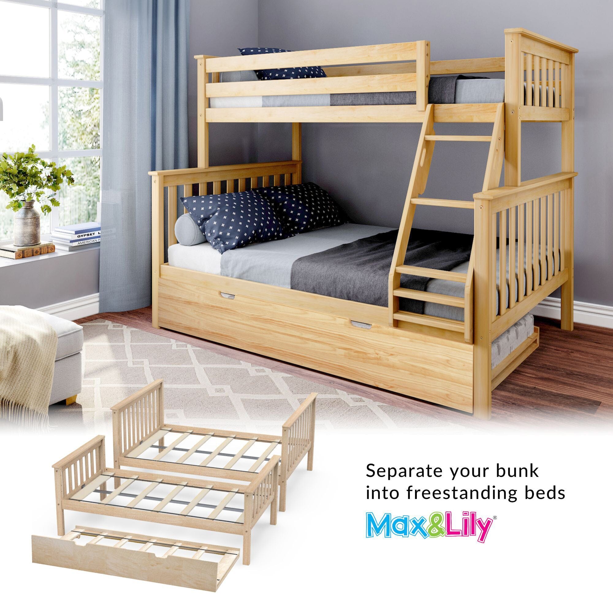 🎄Store Closing Sale💖Kids Solid Wood Twin-Over-Full Bunk Bed + Trundle Bed