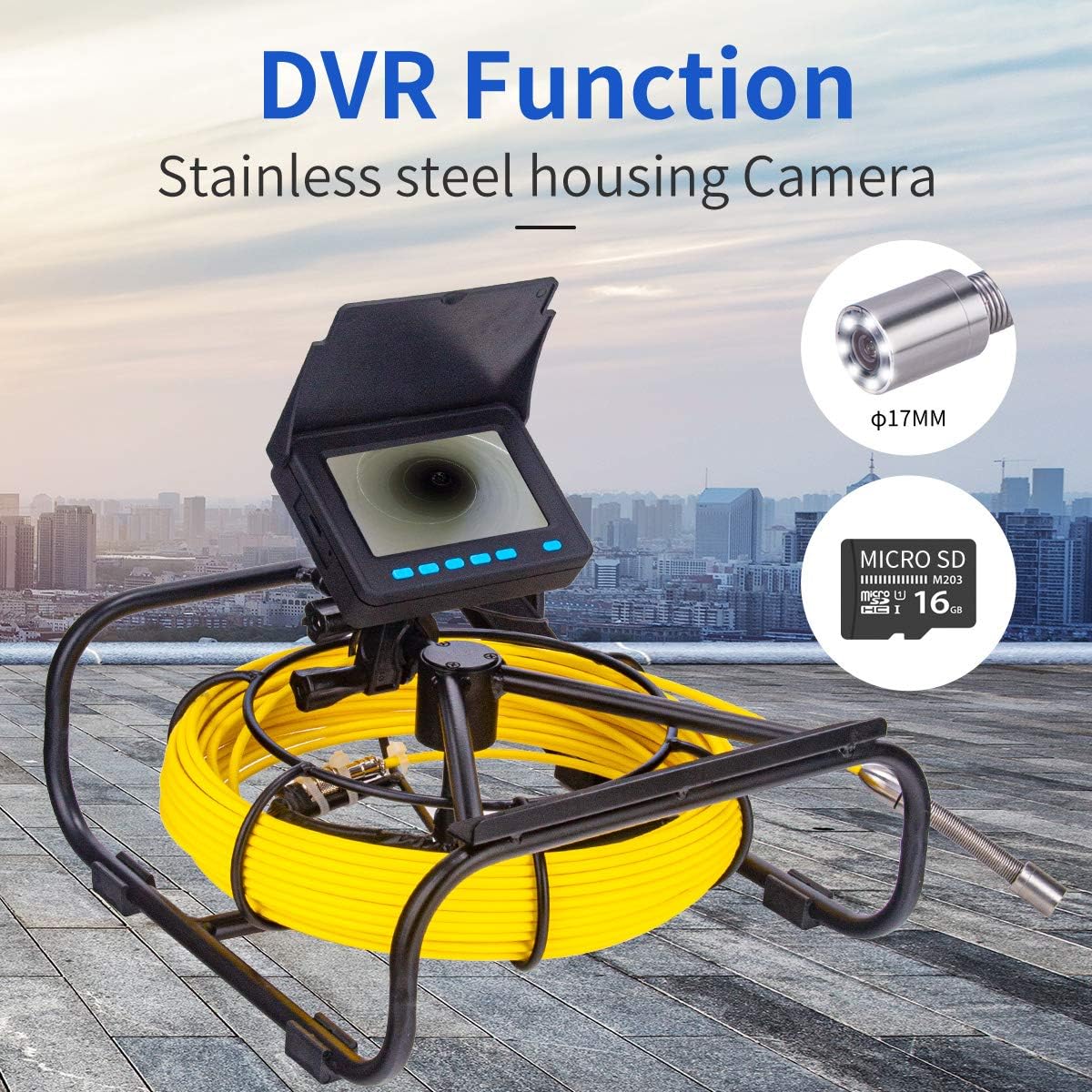 Sewer Camera 100ft,SYANSPAN 17mm Low Temperature Resistant Pipe Inspection Camera,16GB DVR Video Recording Endoscope Borescope w/LED Lights for Plumber, Homeowners(16GB DVR,100ft/30M)