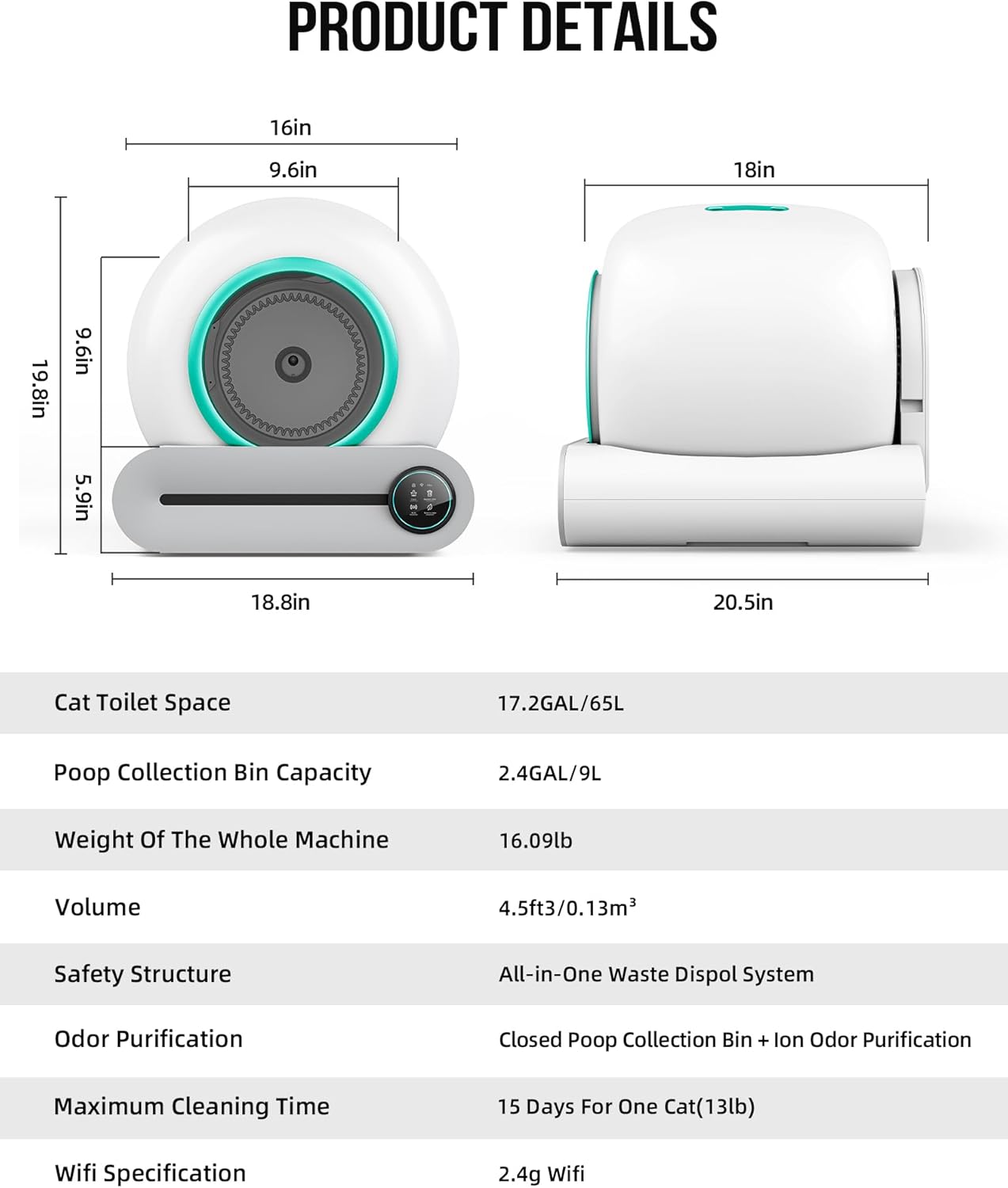 Self Cleaning Cat Litter Box, Automatic Cat Litter Box with Mat & Liners, 65L+9L Large Capacity Self Cleaning Litter Box, APP Control/Suitable for Multiple Cats - Grey