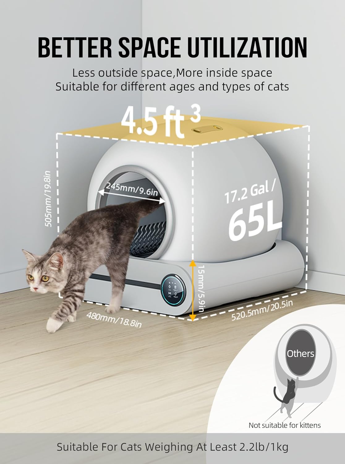 Self Cleaning Cat Litter Box, Automatic Cat Litter Box with Mat & Liners, 65L+9L Large Capacity Self Cleaning Litter Box, APP Control/Suitable for Multiple Cats - Grey