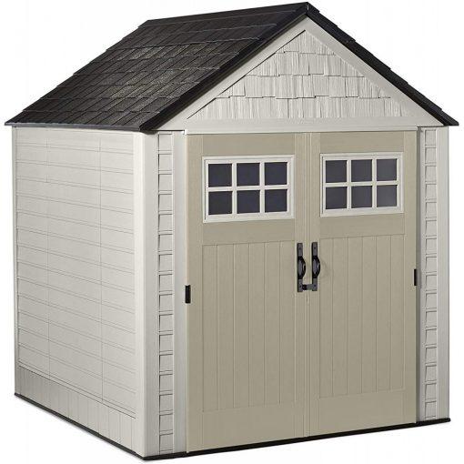 Rubbermaid 7??7 Ft Durable Weather Resistant Resin Outdoor Garden Storage Shed with Windows and Utility Hooks, Sand