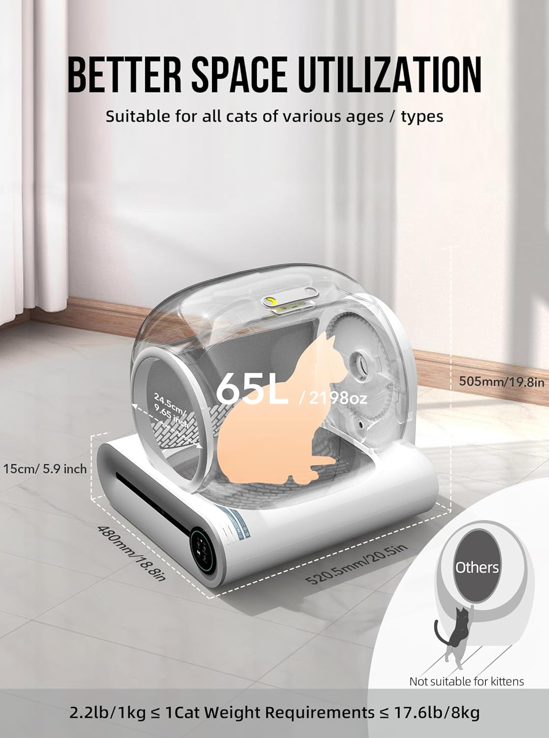 Self Cleaning Cat Litter Box, Automatic Cat Litter Box with Mat & Liners, 65L+9L Large Capacity Self Cleaning Litter Box, APP Control/Suitable for Multiple Cats - Grey