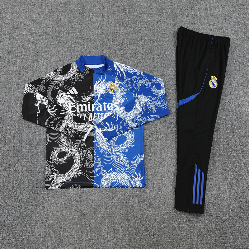2025/2026 Real Madrid Blue Black Dragon Training Wear Suit Shirt