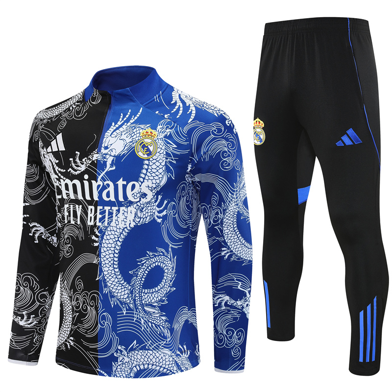 2025/2026 Real Madrid Blue Black Dragon Training Wear Suit Shirt