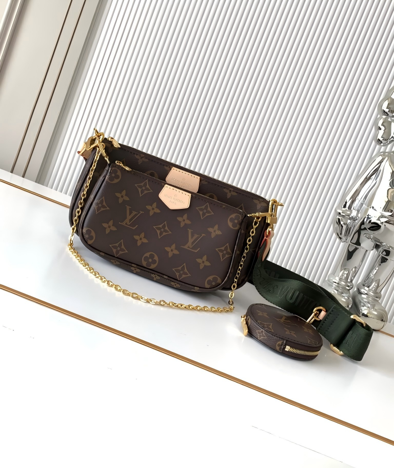 Louis Vuitton Multi Pochette Accessoires | 3-in-1 Bag with Green Strap | Monogram Canvas