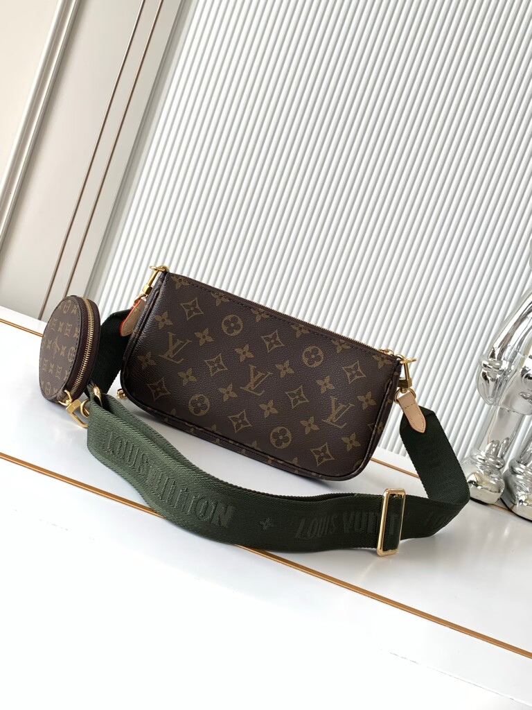 Louis Vuitton Multi Pochette Accessoires | 3-in-1 Bag with Green Strap | Monogram Canvas