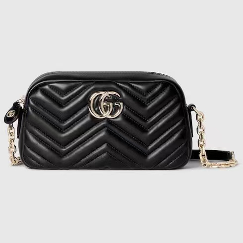Gucci GG Marmont Small Camera Bag in Black | Chevron-Quilted Napa Leather