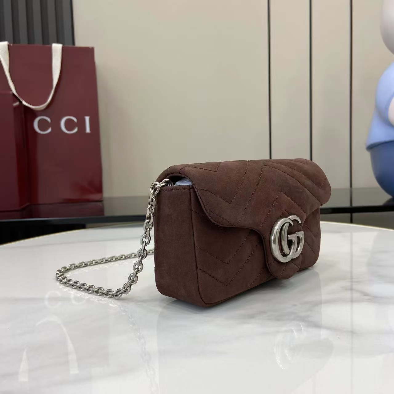 Gucci GG Marmont Mini Shoulder Bag | Apricot Pink Chevron-Quilted Napa Leather