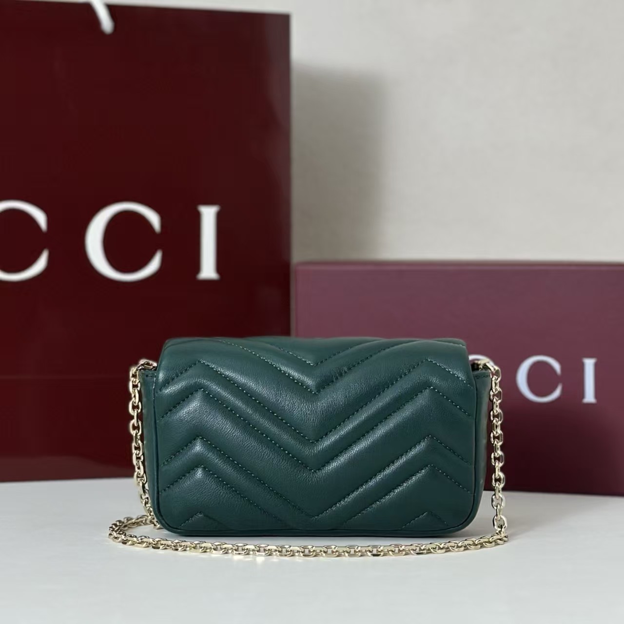 Gucci GG Marmont Mini Shoulder Bag in Green | Chevron-Quilted Napa Leather