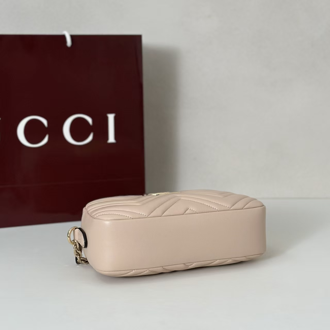 Gucci GG Marmont Small Camera Bag in Apricot Pink | Chevron-Quilted Napa Leather