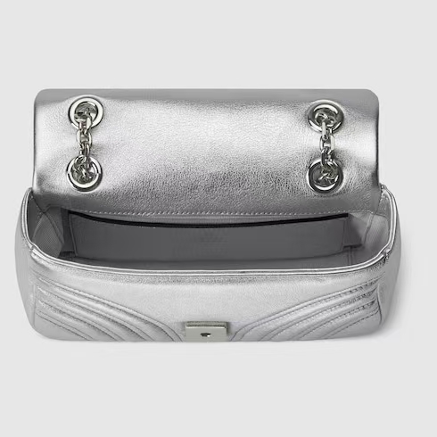 Gucci GG Marmont Chevron Matelassé Shoulder Bag | Silver Metallic Leather & Chain Strap