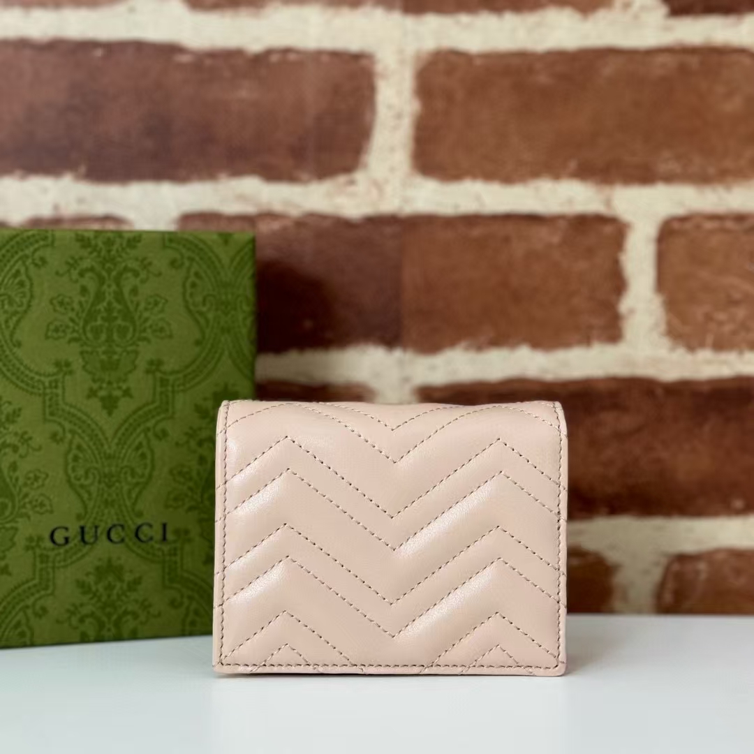 Gucci GG Marmont Card Case in Apricot Pink | Chevron-Quilted Napa Leather with Double G