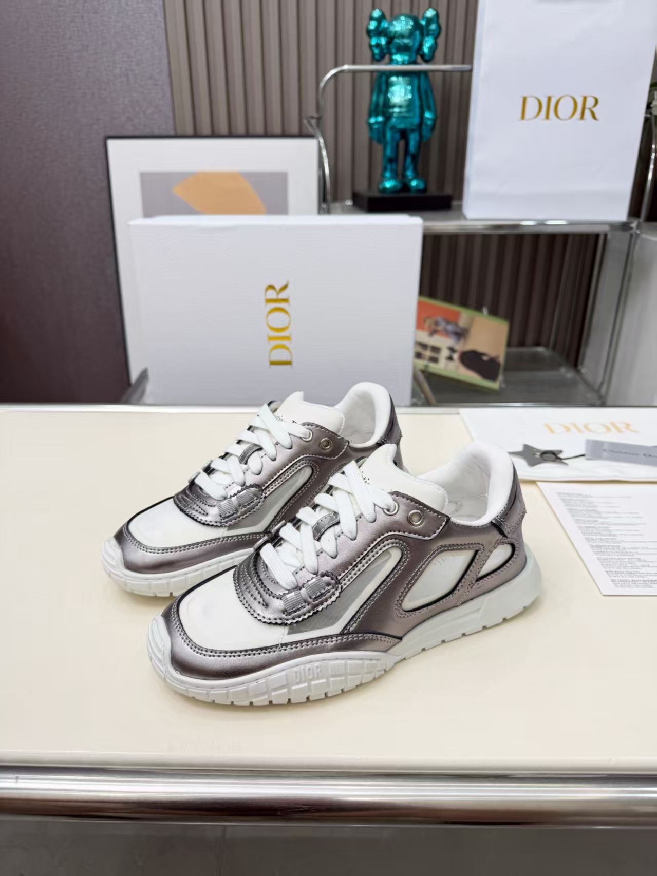 DIOR Metallic Silver Grey & White Leather Sneakers – Designer Athletic Style