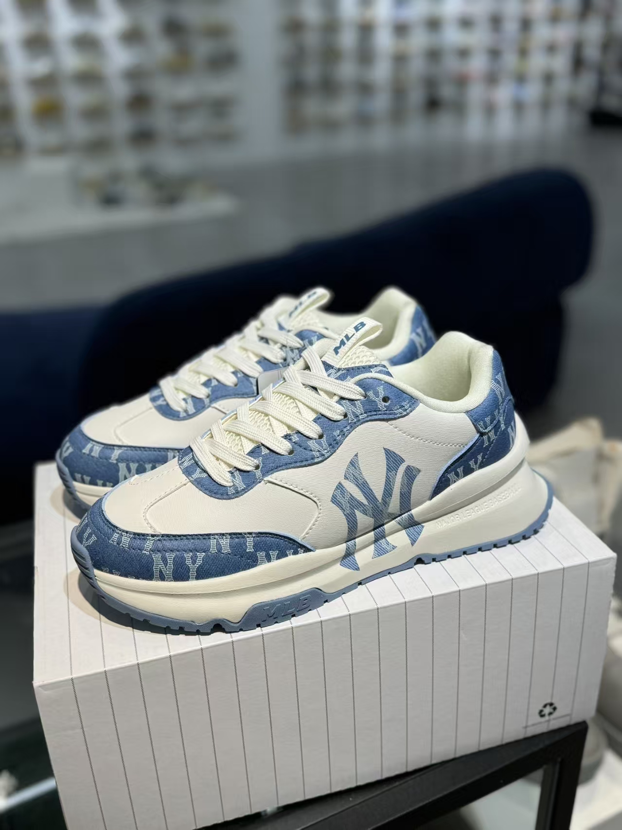 MLB Retro Chunky Runner – White & Blue Denim Streetwear Sneakers