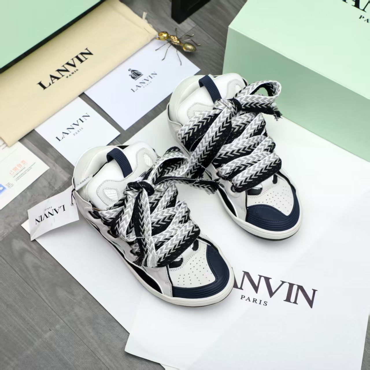 LANVIN White and Navy Blue Patchwork Casual Shoes, Designer Sneakers, Unisex Luxury