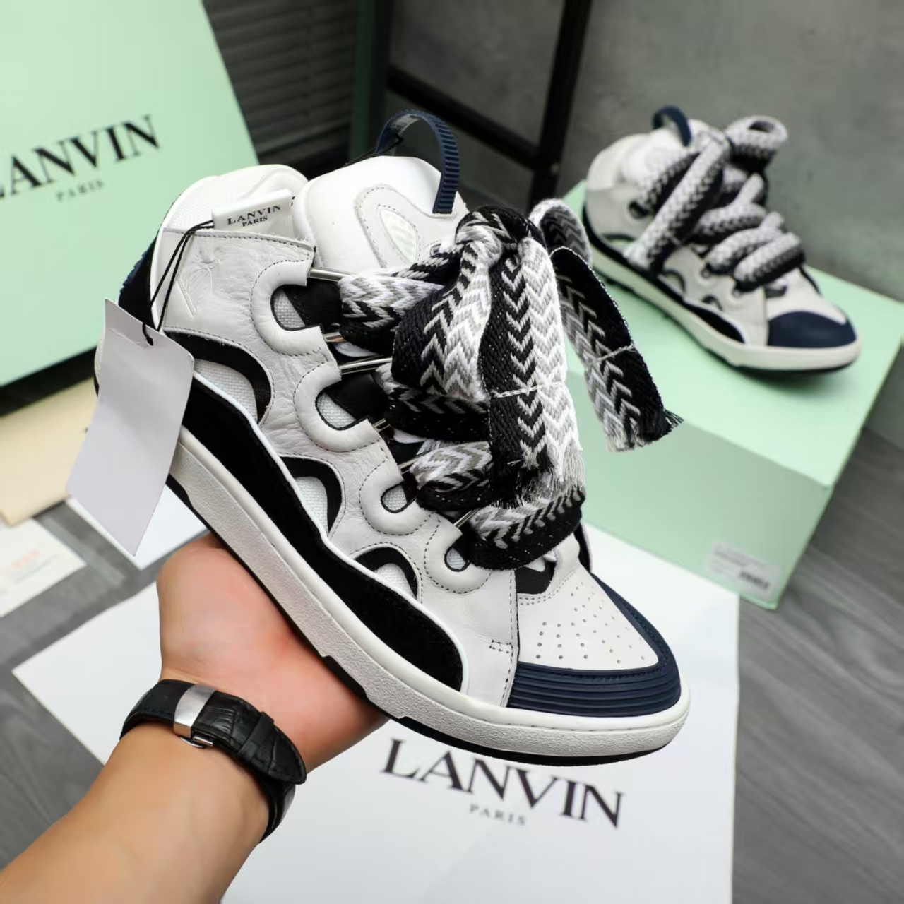 LANVIN White and Navy Blue Patchwork Casual Shoes, Designer Sneakers, Unisex Luxury
