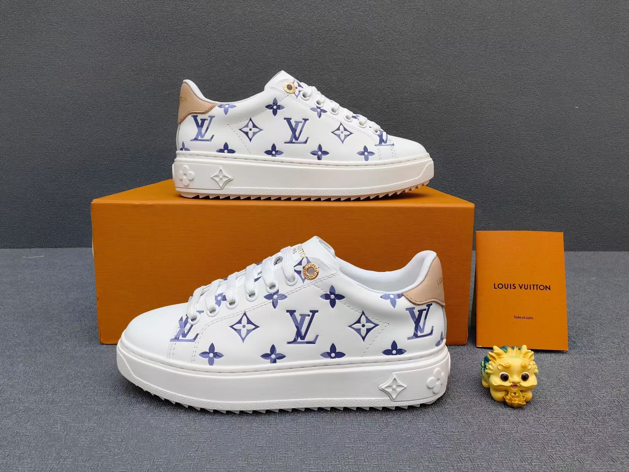 Louis Vuitton Time Out Floral Art Sneakers – White & Blue Botanical Print on Leather