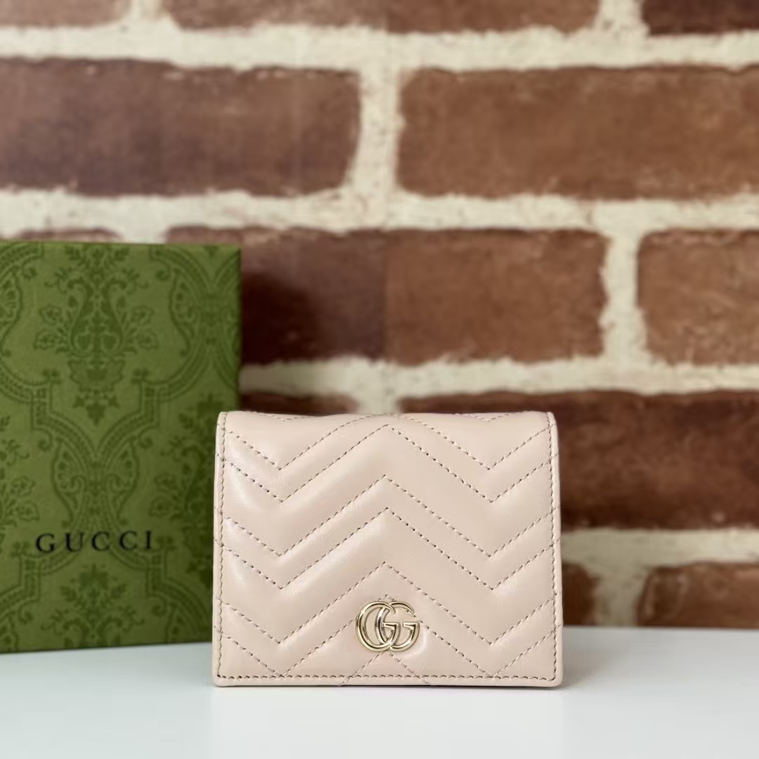 Gucci GG Marmont Card Case in Apricot Pink | Chevron-Quilted Napa Leather with Double G