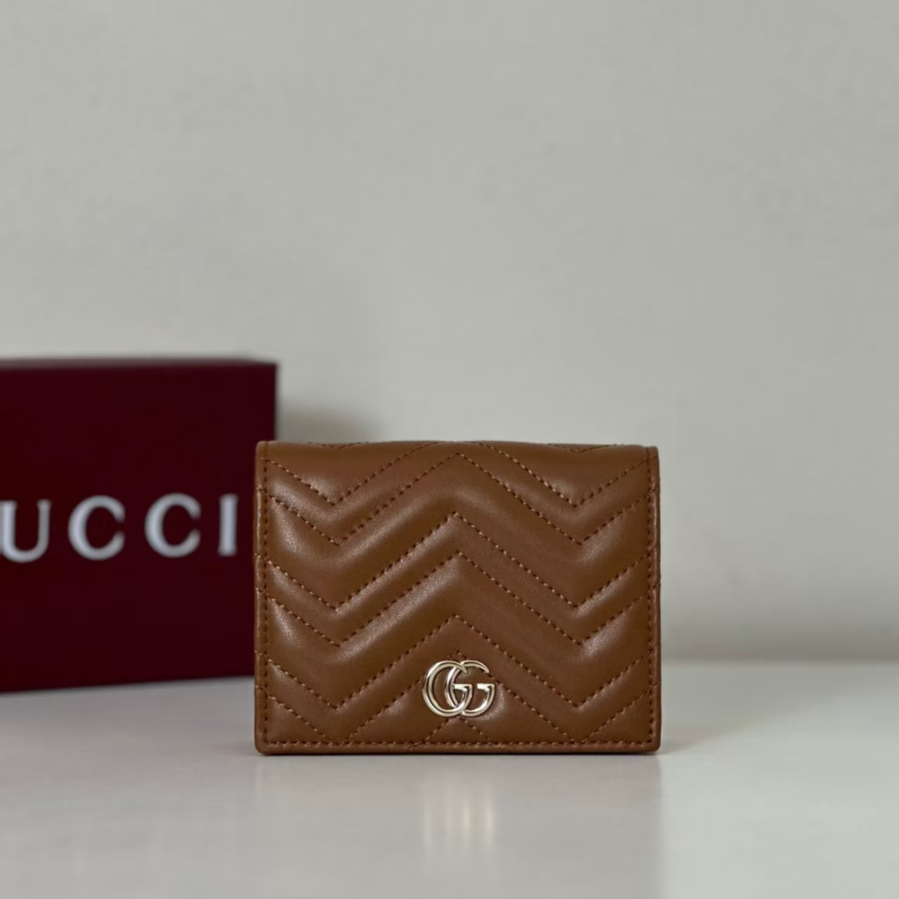 Gucci GG Marmont Mini Wallet in Brown | Chevron Matelassé Calfskin with Double G