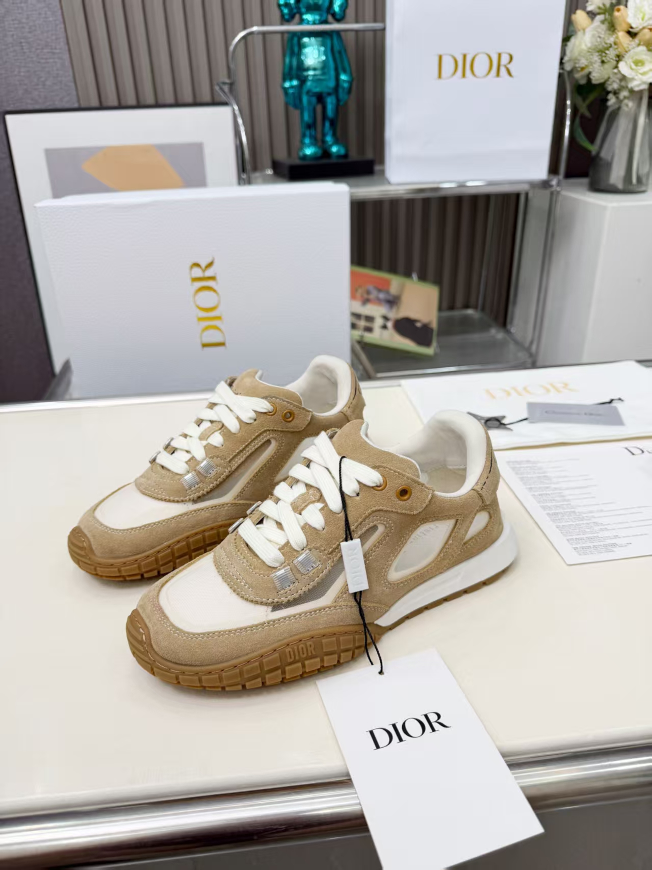 DIOR Tech Sneakers in White & Light Brown – Athletic Luxury