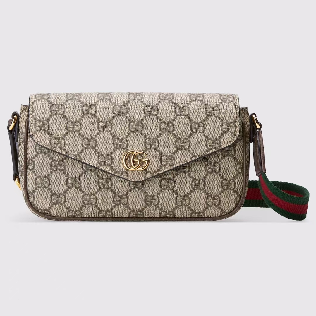 Gucci Ophidia Compact Pouch | Beige & Ebony GG Supreme with Adjustable Web Strap