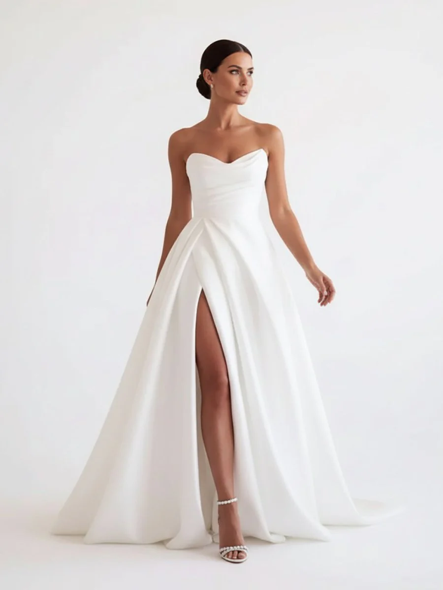 Janalee | A-Line White Sleeveless Satin Wedding Dress With Side Slit