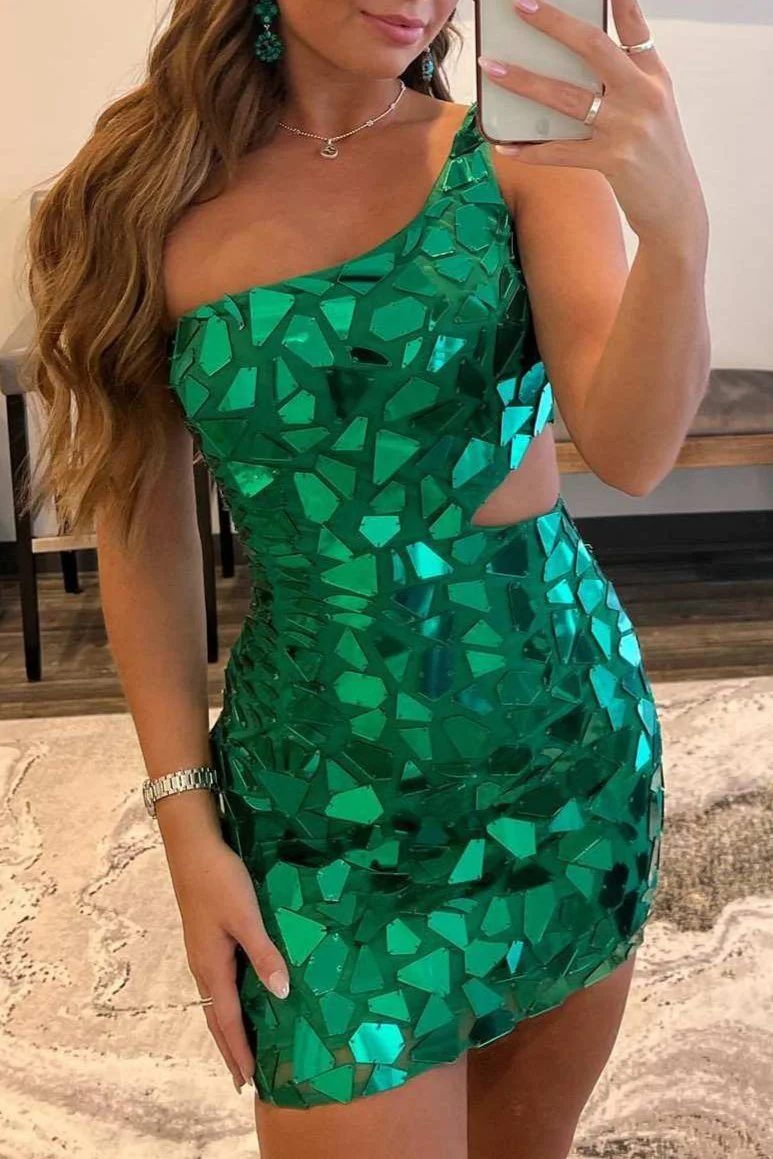 Jaliyah | Green Cut Glass Mirror One-Shoulder Cutout Mini Party Dresses