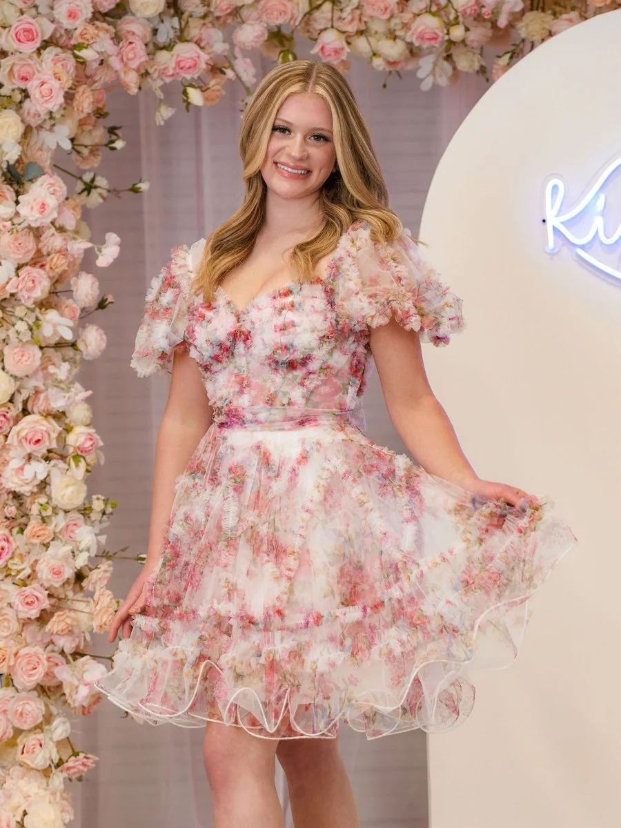 Ivana | Ivory A Line Off the Shoulder Printed Homecoming Dress