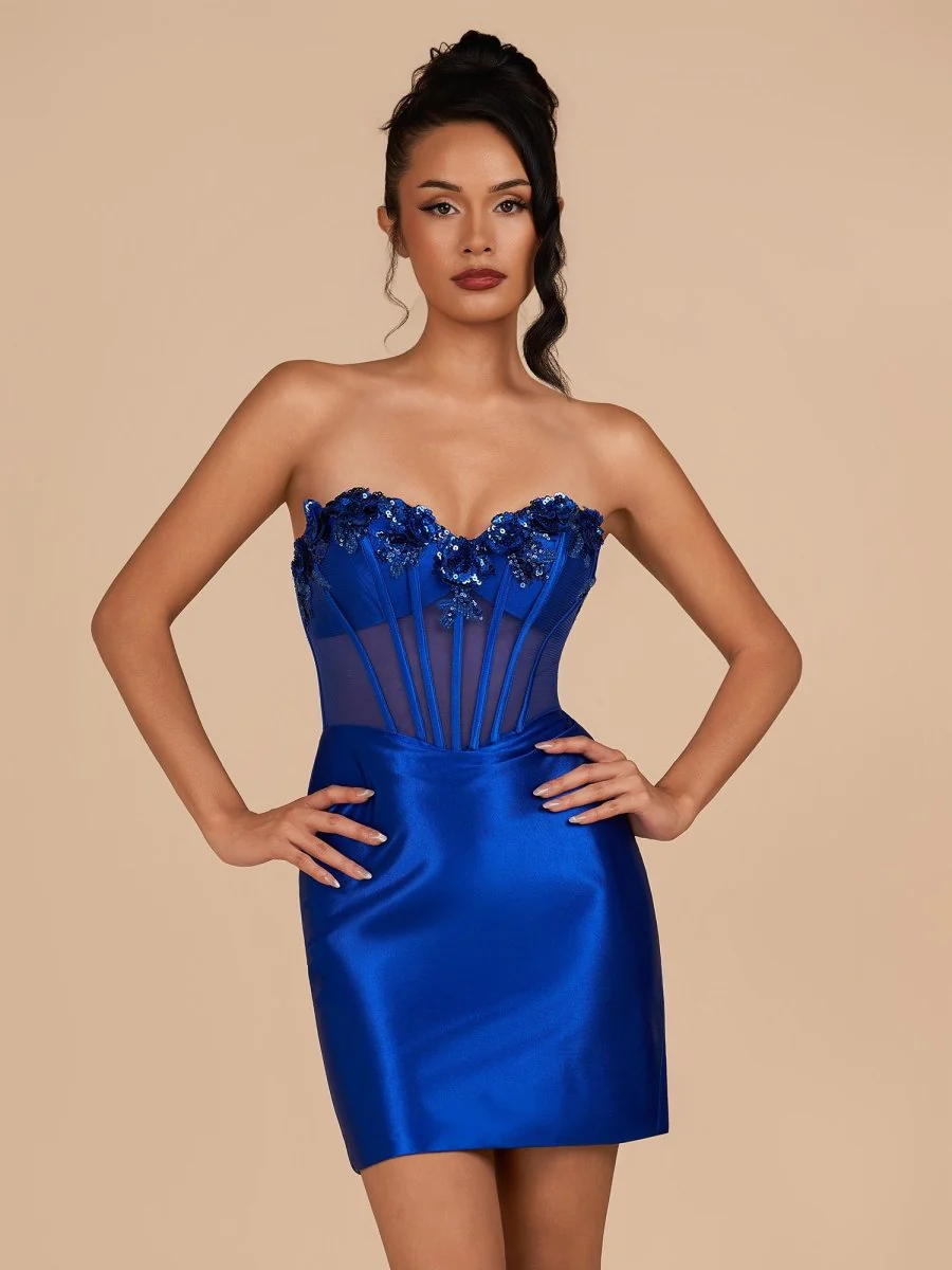 Indie | Royal Blue - Bodycon Sequined Flowers Corset Sweetheart Homecoming Dress