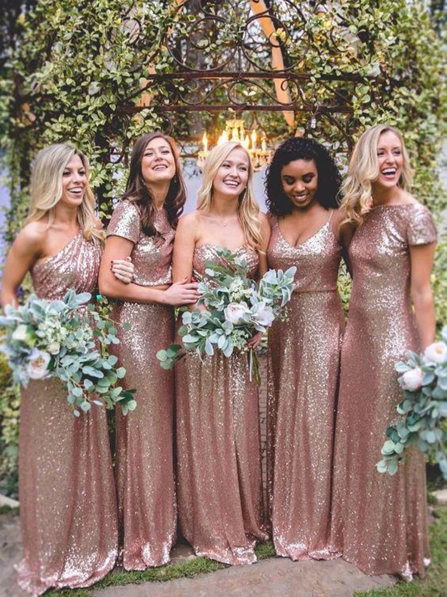 Hot Mismatched Gold Rose Sequined Bridesmaid Dresses