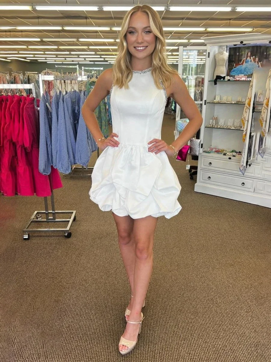 Hayla | White Jewel Neck Beaded Sleeveless Ruffle Homecoming Dress