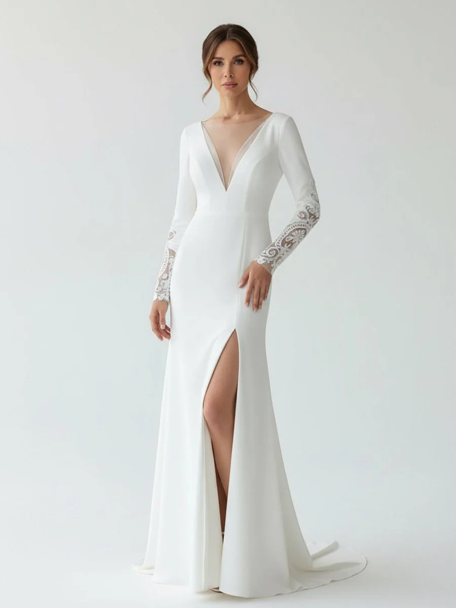 Hollynn | Casual V-neck mermaid Sweep Train Long Sleeve Wedding Dress With Slit
