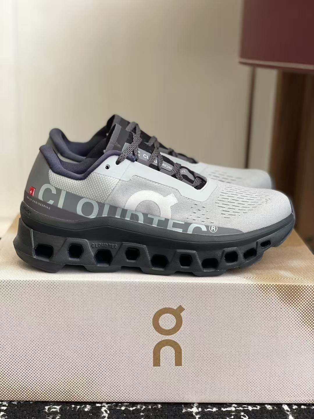 On Cloudmonster Black Grey Running Shoes, Slip-Resistant, Breathable Mesh, All-Day Comfort