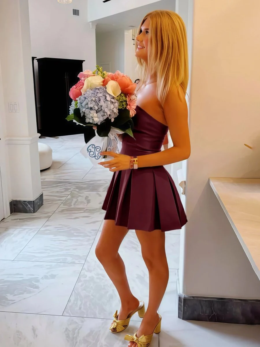 Hydrangea | Burgundy - Strapless Satin Pleated A-line Short Homecoming Dress