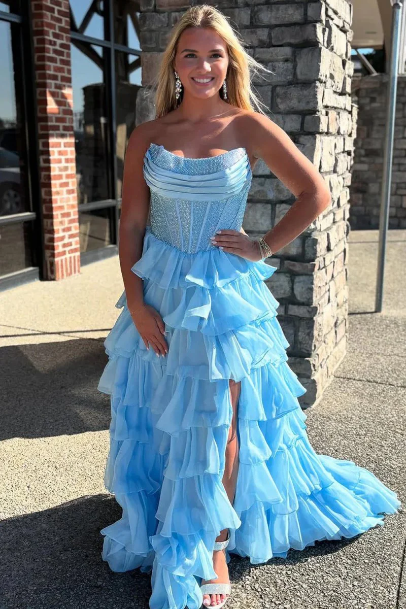 Hanya | Sky Blue - A Line Strapless Chiffon Beaded Corset Long Prom Dress With Slit