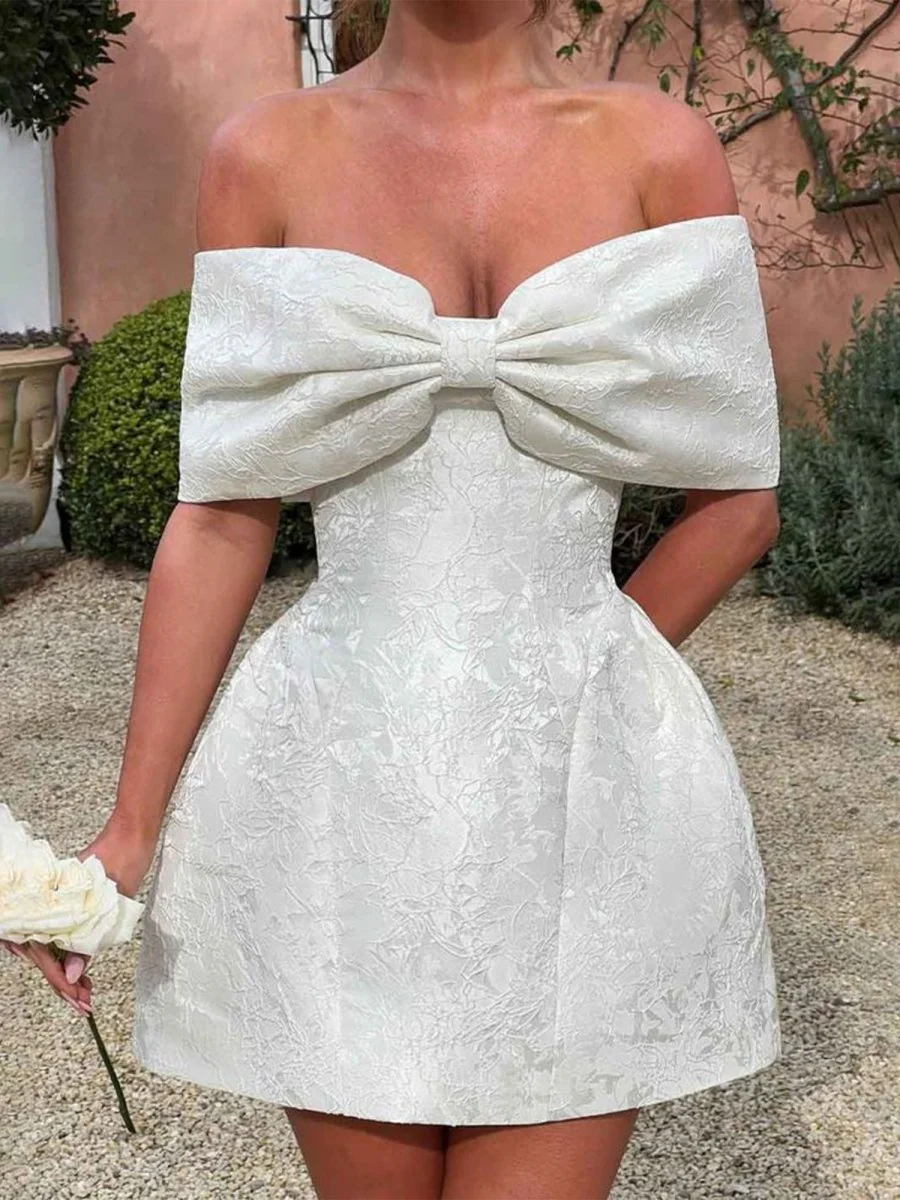 Hunter | White - Off The Shoulder Satin A Line Homecoming Dress With Appliques