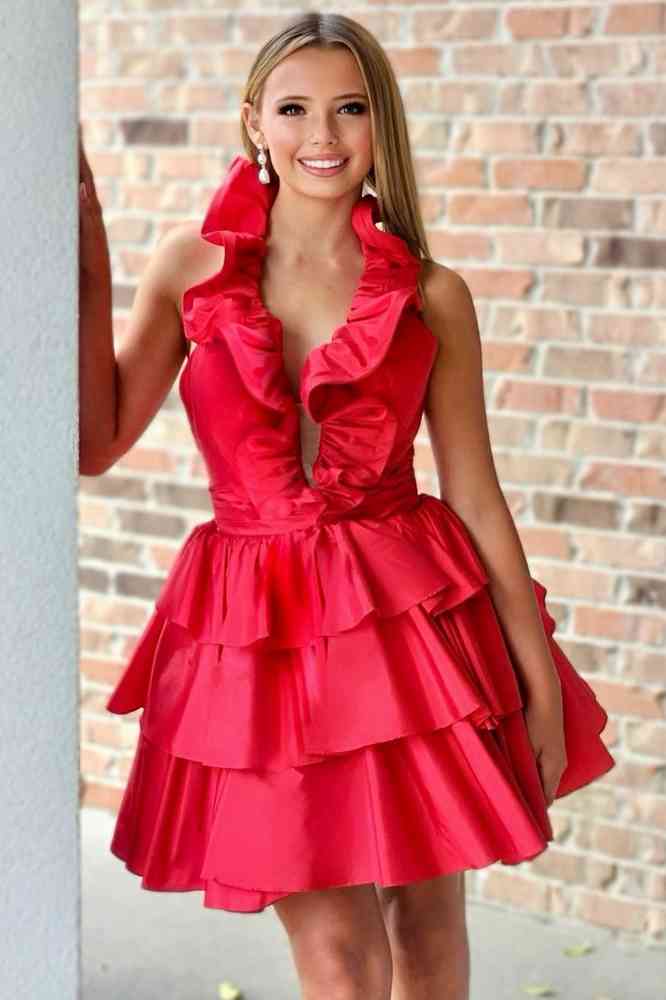 Irisia | A-Line Deep V-Neck Satin Short Homecoming Dress with Ruffles