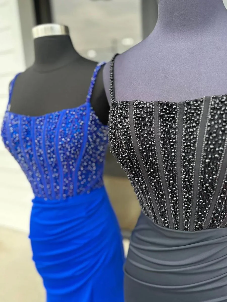 Iolanthe | Mermaid Square Neck Red Beaded Long Prom Dress with Slit