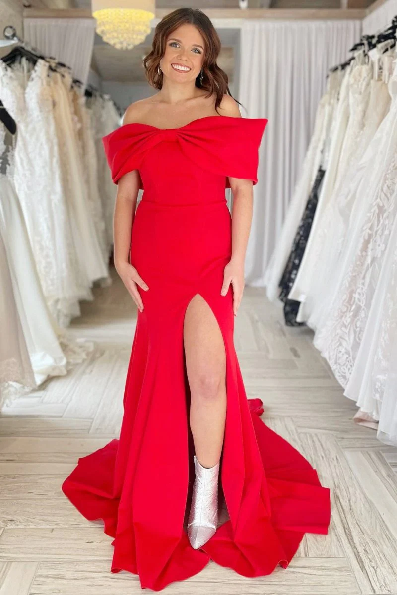 Herbert | Red Off-the-Shoulder Bow Mermaid Gown with Slit