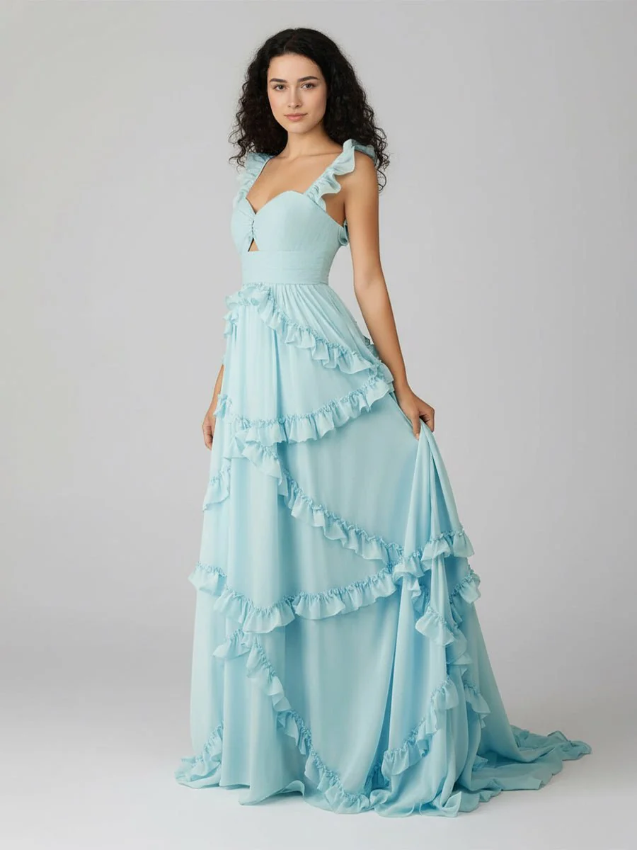 Hubery | A-Line Straps Sky Blue Chiffon Ruffles Long Prom Dress