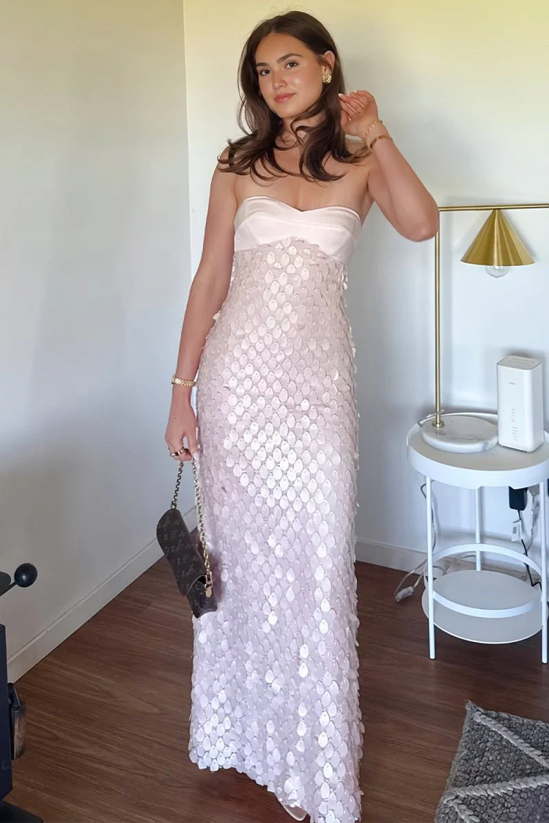 Islen | Pink - Sheath Strapless Long Prom Dresses with Sequins