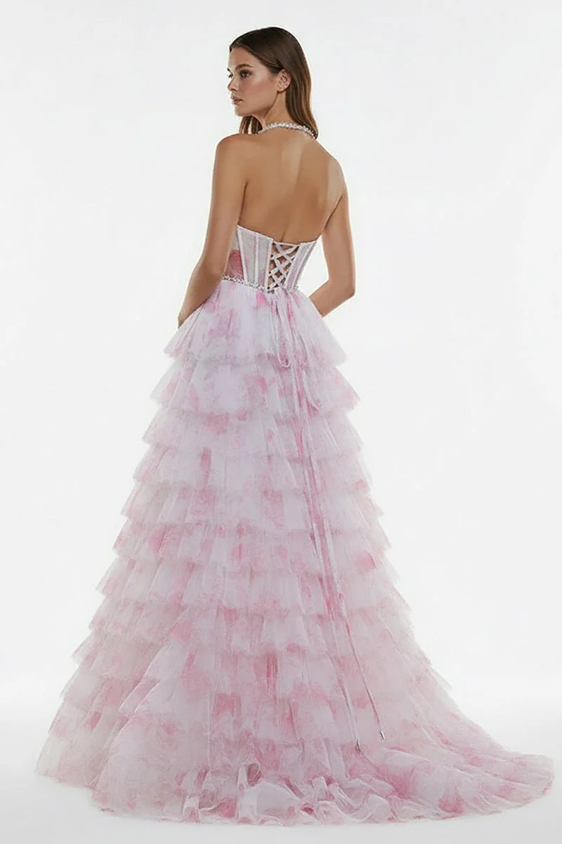 Inari | Pink – A Line Floral Tulle Halter Long Prom Dress with Ruffles and Beading
