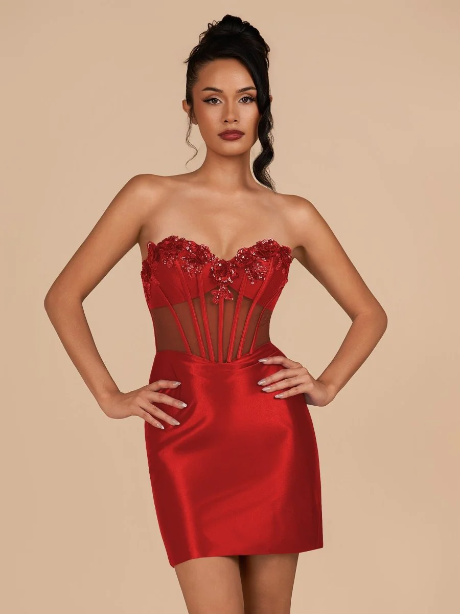 Indie | Red Bodycon Satin Sweetheart Corset Homecoming Dress with Sequined Flowers | KissProm