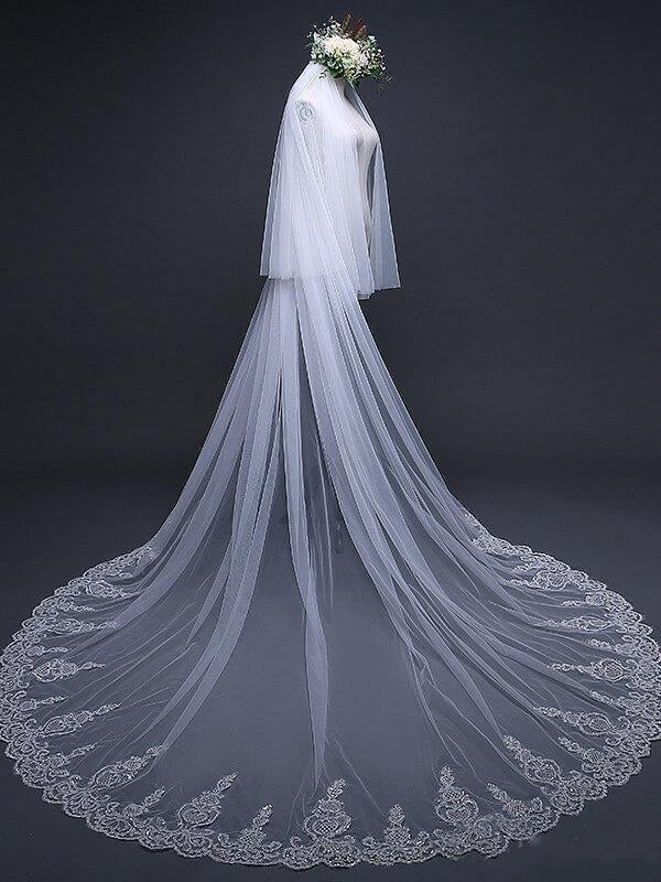 Ivory Tulle Lace Cathedral Veils with Blusher Drop Veil