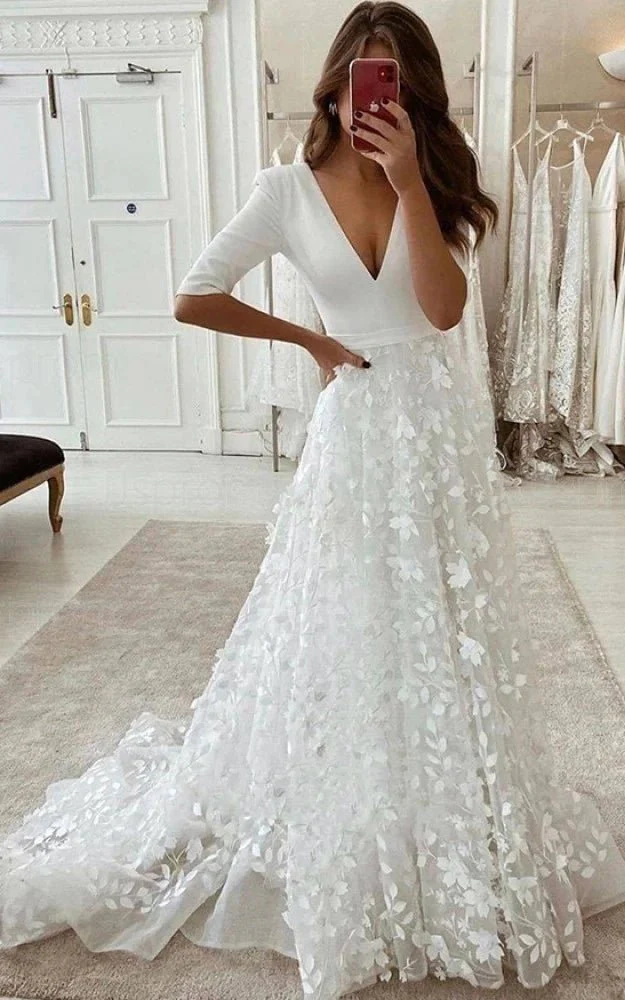 Innaya | Sexy Floral A-Line Boho Lace Sleeved Long Wedding Dress with Sweep Train