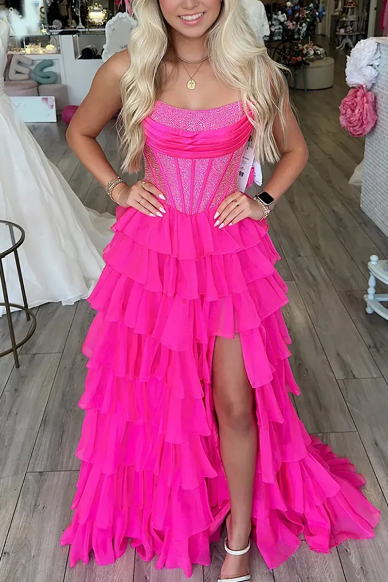 Hanya | Fuchsia - A Line Strapless Chiffon Beaded Corset Long Prom Dress With Slit